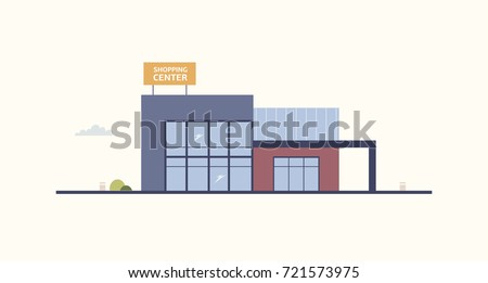 Cartoon building of shopping center or mall with large windows and signboard built in contemporary architectural style. Exterior of department store or shop. Modern urban design. Vector illustration.