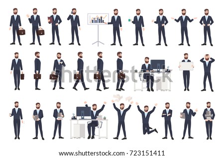 Business man, male office worker or clerk with beard dressed in smart suit in different postures, moods, situations. Flat cartoon character isolated on white background. Modern vector illustration.