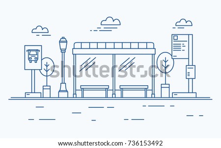 Bus stop, street light, public transport timetable or information board, sign and trees against sky with clouds on background drawn with contour lines in monochrome colors. Vector illustration.