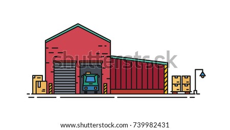 Warehouse built of red brick with roller doors and vehicle standing inside loading dock. Commercial building for storage of goods isolated on white background. Vector illustration in line art style.