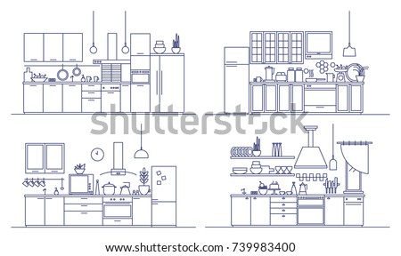 Set of kitchens furnished with modern furniture, household appliances, cooking facilities and home decorations. Bundle of comfy interiors drawn in line art style. Monochrome vector illustration.