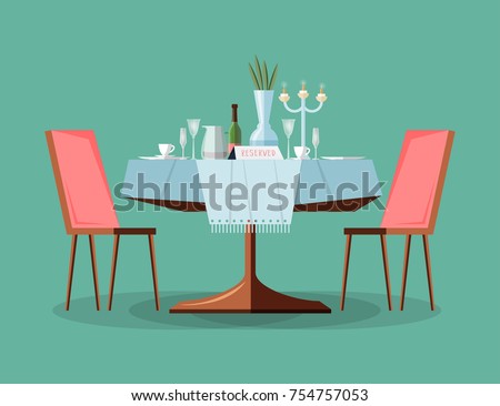 Reserved modern restaurant table with tablecloth, candles in candlestick, plant, wineglasses, reservation tabletop sign standing on it and two chairs. Bright colored cartoon vector illustration.
