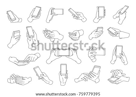 Collection of hands holding modern smartphone drawn with black contour lines. Bundle of outline drawings of palms and phones isolated on white background. Vector illustration in monochrome colors.