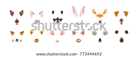 Collection of video chat application effects. Bundle of cute and funny faces or masks of various animals - dog, cat, fox, raccoon, rabbit, koala, bear, mouse, deer. Colorful vector illustration.