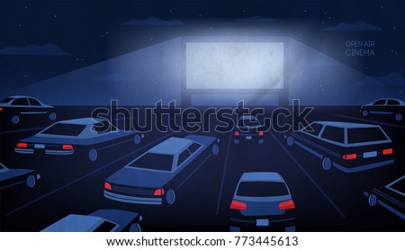 Open air, outdoor or drive-in cinema theater at night. Large movie screen glowing in darkness surrounded by cars against evening sky with stars and clouds on background. Cartoon vector illustration.