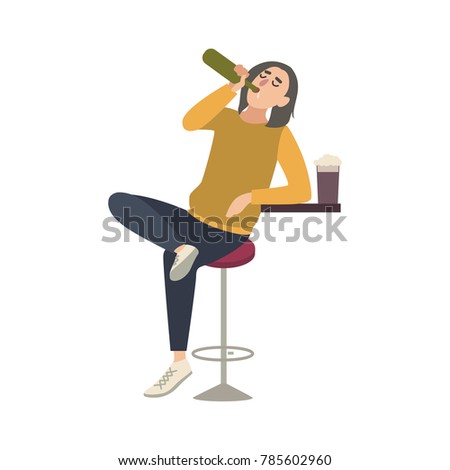 Young man sitting on stool at bar and drinking beer from bottle. Male cartoon character with alcohol abuse isolated on white background. Alcoholic or drunkard. Flat colorful vector illustration.