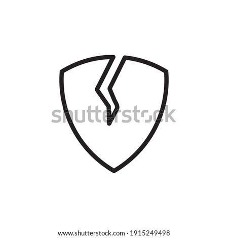 Broken Shield Outline Icon. Broken Shield Line Art Logo. Vector Illustration. Isolated on White Background. Editable Stroke