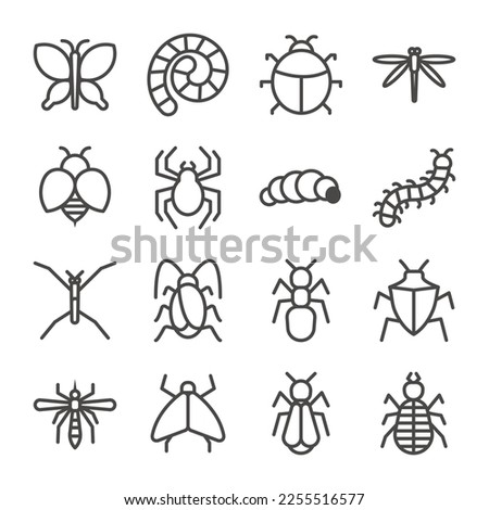 Set of Insect Outline Icon. Worm, Butterfly, Bee, Ant, Cockroach, Spider, Mosquito, and more. Editable Stroke. Isolated on White Background. Vector Eps10