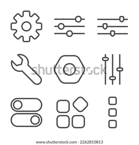 Set of Setting Outline Icon. Gear, Switch, Wrench, Bolt, and More Editable Stroke. Vector Eps 10