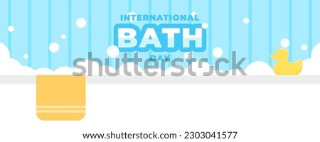 International Bath Day on 14 June Banner Background. Bathtub With Bubble, Towel, and Duck Toy Concept. Horizontal Banner Template Design. Vector Illustration