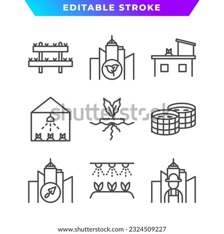 Set of Urban Farming Outline Icon. Hydroponics, City, Farmer, Greenhouse, Biofloc, and More. Editable Stroke. Vector Eps 10