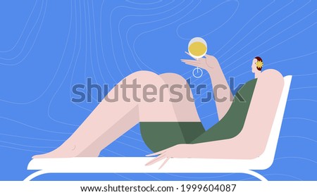 Summer collection. Woman in the hat lies on a deck chair. Beach resort activities. Modern flat vector use of digital concept illustration in web project and application.