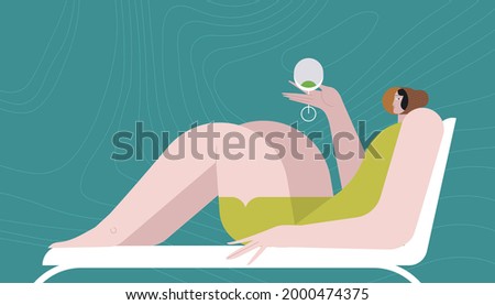 Summer collection. Woman in the hat lies on a deck chair. Beach resort activities. Modern flat vector use of digital concept illustration in web project and application.