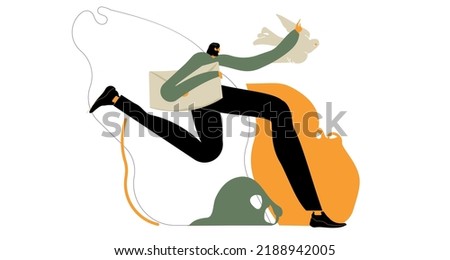 
Running girl with a letter in her hand. Person send, receive, deliver paper letters, emails, messages.  