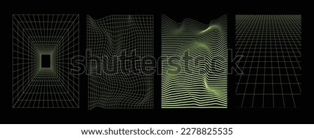 Geometry wireframe grid backgrounds in neon green color. 3D abstract posters, patterns, cyberpunk elements in trendy psychedelic rave style. 00s Y2k retro futuristic aesthetic.