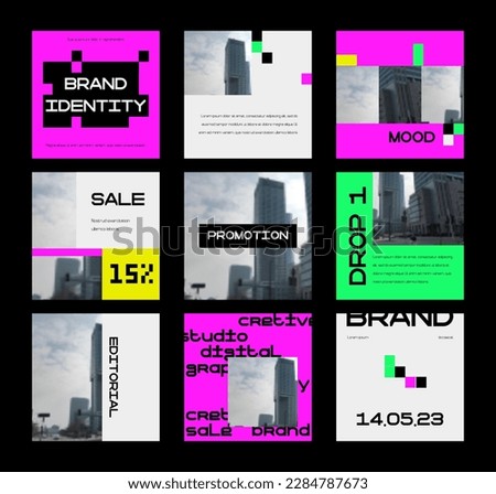 Pixel banners. Square social media post collection with pixel texture. Abstract cover. Vector trendy post set.