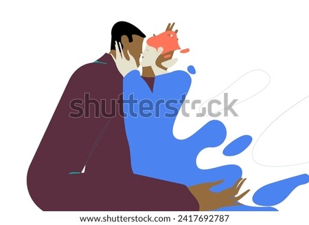 Man missing departed love partner, couple, left gone lost girl valentine. Romantic relationship loss, breakup concept. Flat graphic vector illustration isolated on white background.