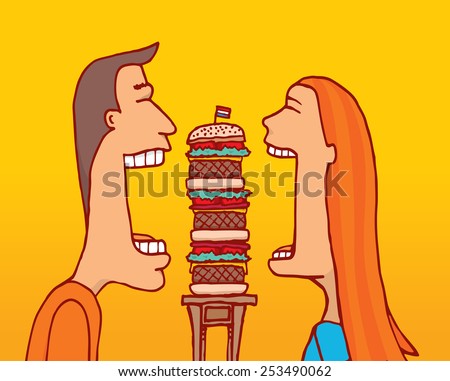 Cartoon illustration of couple sharing a huge hamburger with huge mouth