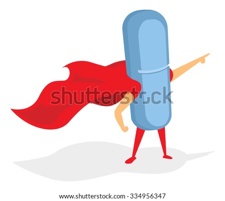 Pill or tablet drug super hero pointing with cape