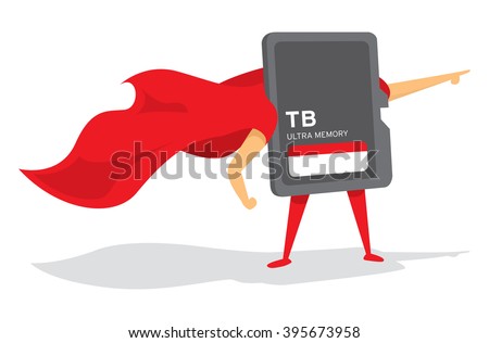 Cartoon illustration of memory card super hero standing with cape