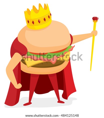 Cartoon illustration of hamburger or fast food king wearing a crown