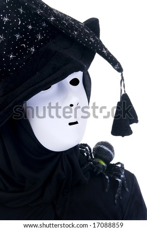 Halloween, fun and creepy, witches hat and white mask on white background