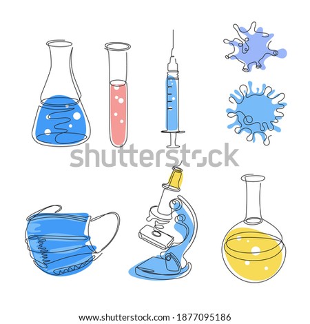 Medical illustrations set. Microscope, mask, test tubes. Syringe and viruses. Continuous line. Laboratory instrument. The medicine. biology, science. Foto stock © 