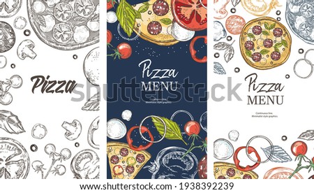 Social media templates. Set of pizza ingredients. Pizza, basil, cheese, tomatoes, mozzarella, paprika. Italian cuisine. Vintage graphics.