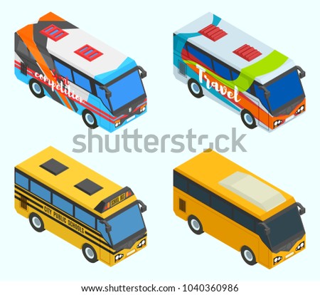 isometric tourist sports school buses vector drawing