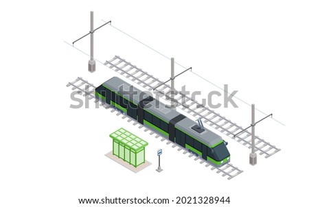 modern green tram at a stop on the rails. isometric vector image