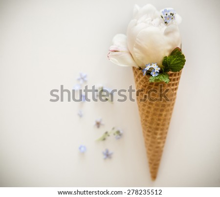 Ice cream\'s immitation in waffle cone decorated herbs. Peonies flower in waffle cone with herbs.