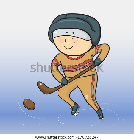 Cartoon smiling hockey player, winter sports, vector ilustration