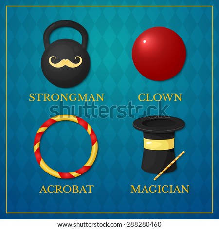 Vector icons circus artists, strongman, acrobat, magician, clown on vintage background