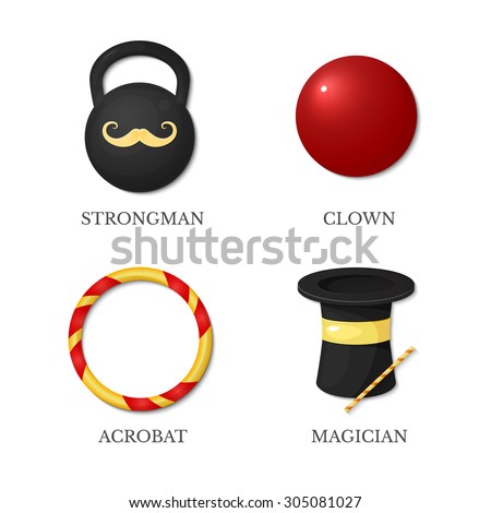 Vector icons circus artists, strongman, acrobat, magician, clown isolated on white background