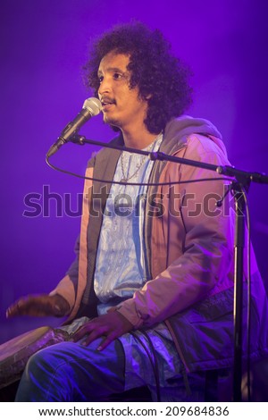 Traena, Norway - July 10 2014: during the concert of the Malian traditionnal and pop rock band Tamikrest at the Traenafestival, music festival taking place on the small island of Traena