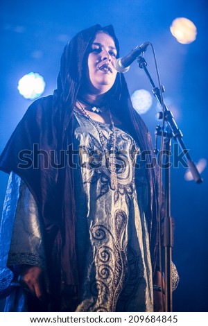Traena, Norway - July 10 2014: during the concert of the Malian traditionnal and pop rock band Tamikrest at the Traenafestival, music festival taking place on the small island of Traena.