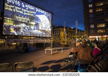 Amsterdam, The Netherlands - august 20 2014: open air screening of Mexican film Paraiso, Marie Heinekeinplein, World Cinema Amsterdam festival, a world film festival held from 14 to 24/08/2014
