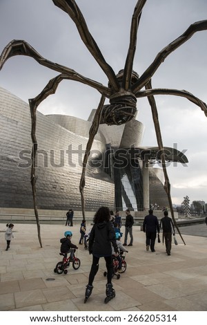 BILBAO, SPAIN - MARCH 19, 2015: Maman - spider sculpture by the artist Louise Bourgeois in front of The Guggenheim Museum in Bilbao, Biscay, Basque Country, Spain