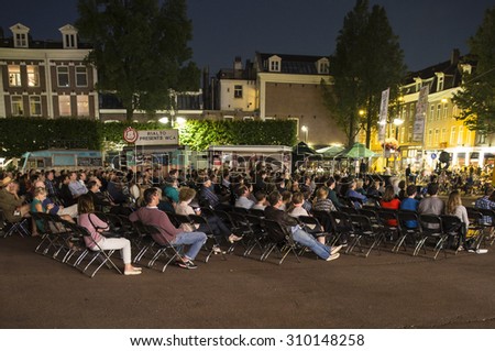 Amsterdam, The Netherlands - August 20 2015: open air screening of Colombian film Todos se Van at Marie Heinekenplein, during World Cinema Amsterdam, a world film festival held from 14 to 23/08/2015