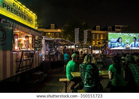 Amsterdam, The Netherlands - August 21 2015: open air screening of Peruvian film A Los 40  at Marie Heinekenplein, during World Cinema Amsterdam, a world film festival held from 14 to 23/08/2015