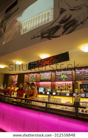 Amsterdam, The Netherlands - August 14 2015: bar of Rialto cinema during World Cinema Amsterdam, a world film festival held from 14 to 23/08/2015