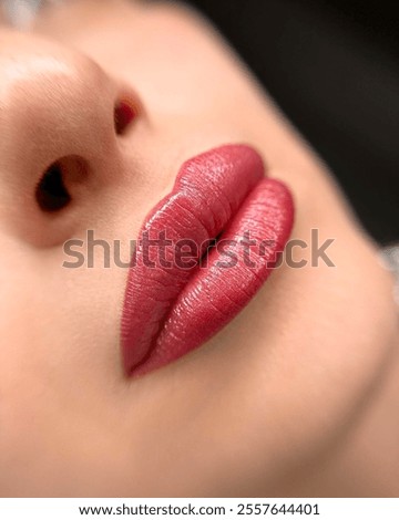Similar – Image, Stock Photo Closeup of female lips with red lipstick reflected in mirror