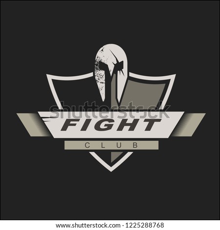  Logo template with spartan helmet and shield. Fight club logo design. Vector Illustration. Knights logo design template for a sport team