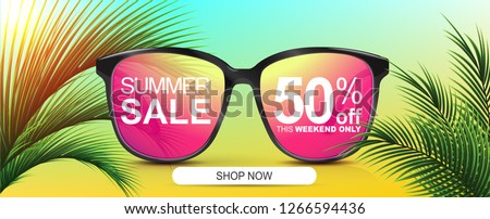 Summer sale 50% off. Discount banner. Sunglasses with colored lenses. Sunshine palm leaves. 