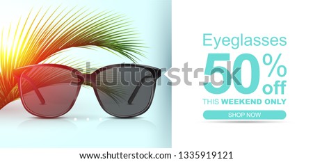 Sunglasses banner concept with palm leaves. Summer discount banner.