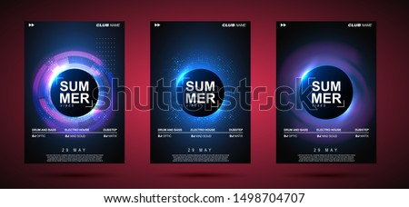 Electronic music abstract background blue. Party poster design showing sound waves. Music background. Circle frame for text.