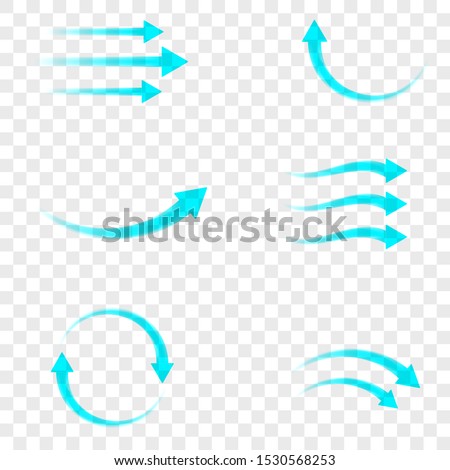 Set of blue arrow showing air flow isolated on transparent background. Vector design element. 