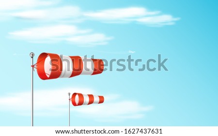 Windsock on the blue sky. Red and white airport wind flag showing wind direction and speed. Realistic vector illustration. 