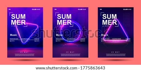 Electronic Music Covers for Summer Night Party or Club Party Flyer. 3d Retro Light Signboard With Shining Neon Effect. Colorful Vector Illustration in 80s Style