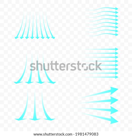 Set of blue arrow showing air flow. Blue stream of cold air from the conditioner. Clean fresh air flow. Wind direction. Isolated on transparent background.